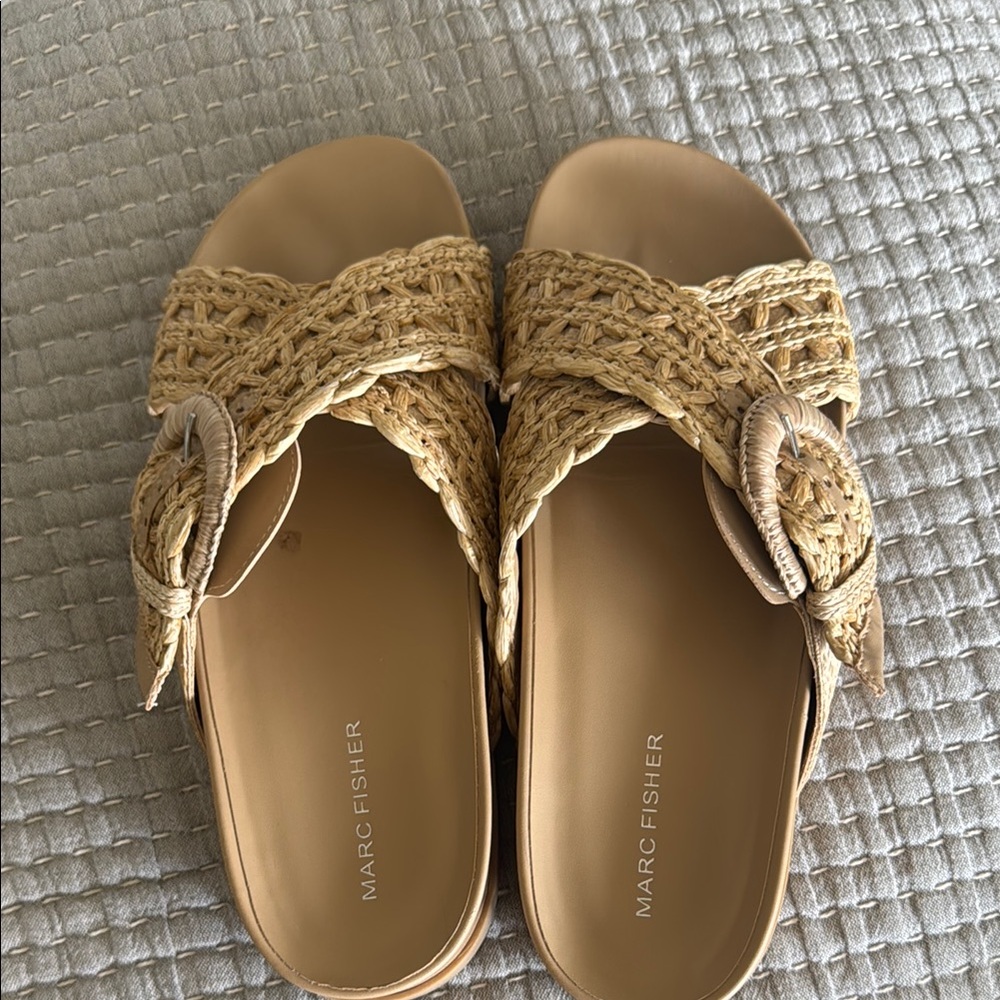 Marc Fisher Tan Raffia Sandals with Crisscross Design